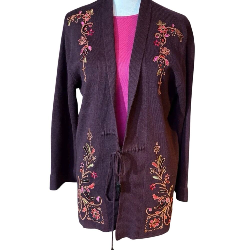 Carole Little Wool Cardigan Embroidered Sweater Jacket Women P Folk Art Boho